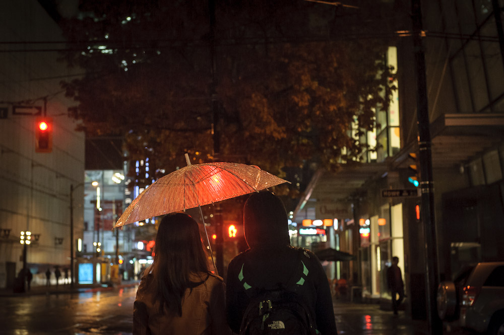 A fine art photograph of umbrellas in the Vancouver rain.